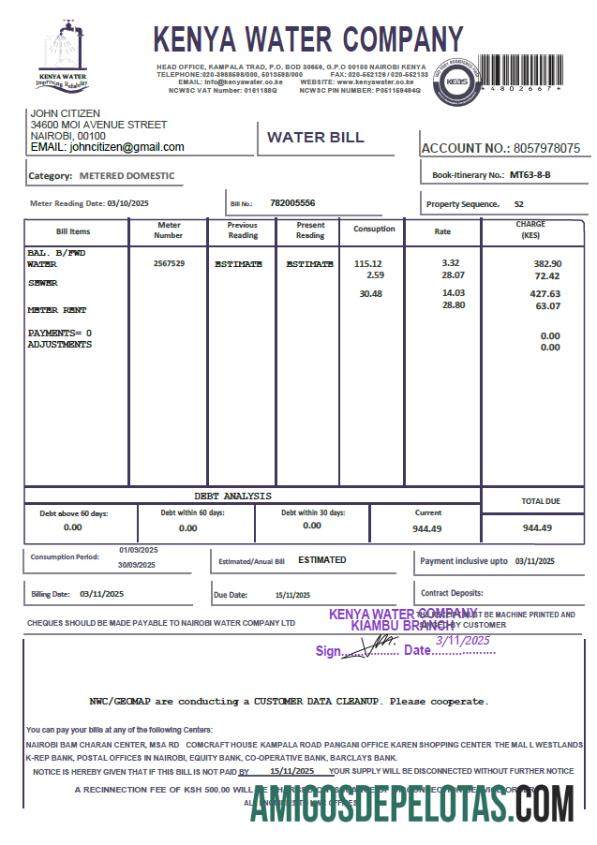Para baixar modelo de conta de serviços públicos da Kenya Water Company em formatos Word e PDF